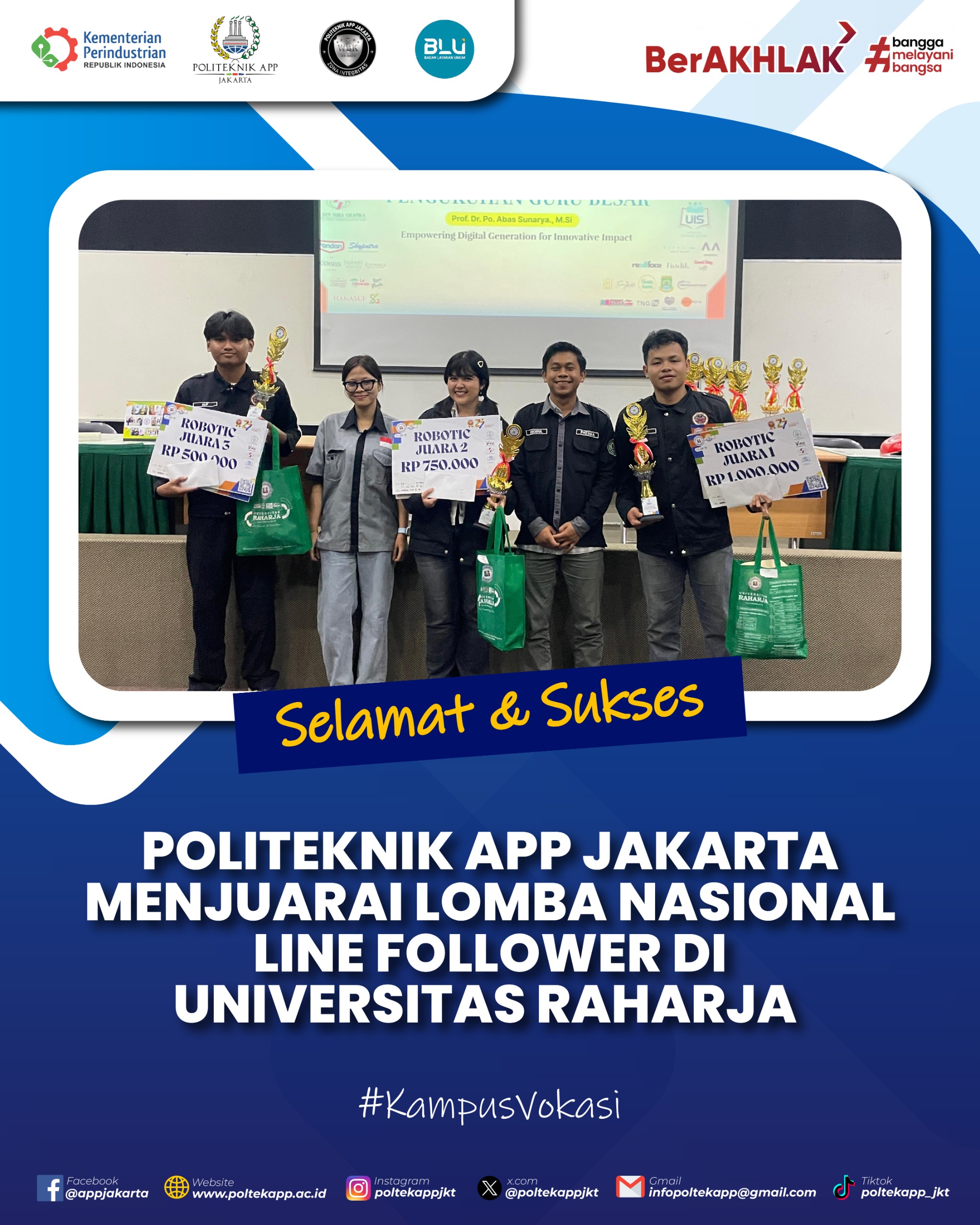 Sapu Bersih Podium! Politeknik APP Jakarta Borong Juara 1, 2, dan 3 Lomba Robotik di Universitas Raharja